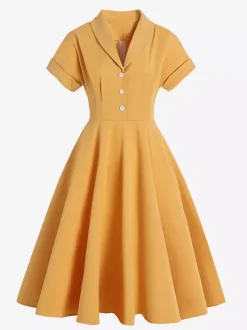 Robe glamour vintage à col rabattu et boutons style années 50 manches courtes taille moyenne jaune rockabilly