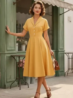 Robe glamour vintage à col rabattu et boutons style années 50 manches courtes taille moyenne jaune rockabilly