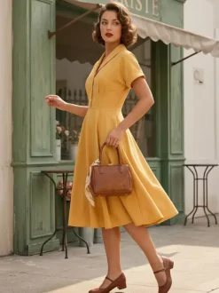 Robe glamour vintage à col rabattu et boutons style années 50 manches courtes taille moyenne jaune rockabilly