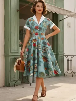 Robe glamour vintage à col rabattu et boutons style années 50 manches courtes taille moyenne jaune rockabilly