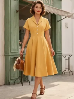 Robe glamour vintage à col rabattu et boutons style années 50 manches courtes taille moyenne jaune rockabilly