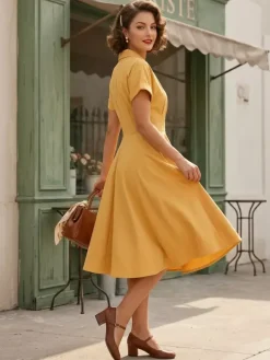 Robe glamour vintage à col rabattu et boutons style années 50 manches courtes taille moyenne jaune rockabilly