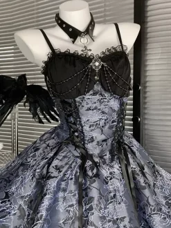 Robe Gothic Lolita à lacets rouge et noire manches longues corset épaules dénudées JSK avec boléro en dentelle