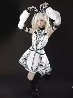 Robe gothique Lolita Future Battle Princess style Punk Tech JSK avec coiffe et manches pour les bras