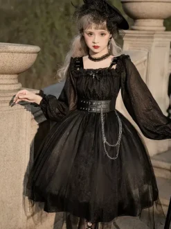 Robe gothique Lolita OP avec manches longues en dentelle à volants Robe noire une pièce Lolita