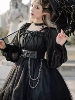 Robe gothique Lolita OP avec manches longues en dentelle à volants Robe noire une pièce Lolita