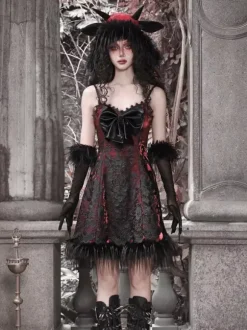 Robe Gothique Lolita Plumes Dentelle Noire JSK