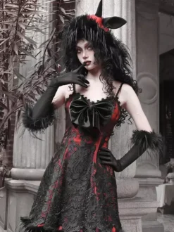 Robe Gothique Lolita Plumes Dentelle Noire JSK