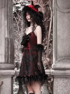 Robe Gothique Lolita Plumes Dentelle Noire JSK