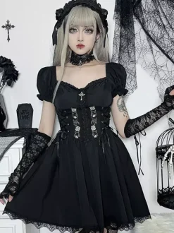 Robe gothique punk épaules dénudées manches courtes dentelle robe courte Lolita