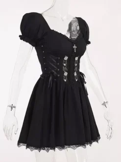 Robe gothique punk épaules dénudées manches courtes dentelle robe courte Lolita