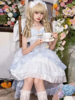 Robe Hime gothique Sweet Lolita bleu ciel clair sans manches pull à n艙uds polyester mode kawaii