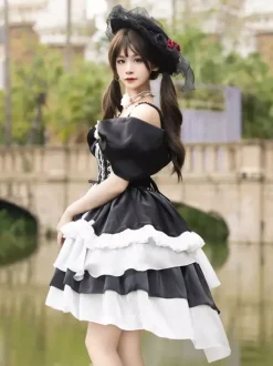Robe Hime gothique Sweet Lolita bleu ciel clair sans manches pull à n艙uds polyester mode kawaii