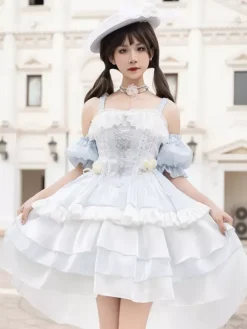 Robe Hime gothique Sweet Lolita bleu ciel clair sans manches pull à n艙uds polyester mode kawaii