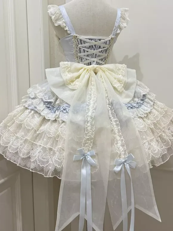 Robe Hime Lolita en dentelle douce à volants et n艙ud dans le dos courte