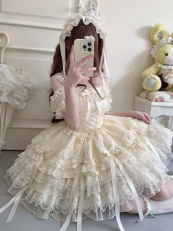 Robe Hime Lolita en dentelle douce à volants et n艙ud dans le dos courte