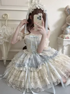Robe Hime Lolita en dentelle douce à volants et n艙ud dans le dos courte