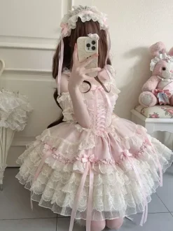 Robe Hime Lolita en dentelle douce à volants et n艙ud dans le dos courte