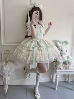 Robe Hime Lolita en dentelle douce à volants et n艙ud dans le dos courte
