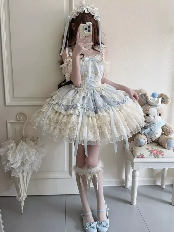 Robe Hime Lolita en dentelle douce à volants et n艙ud dans le dos courte