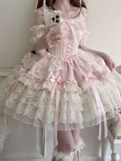 Robe Hime Lolita en dentelle douce à volants et n艙ud dans le dos courte