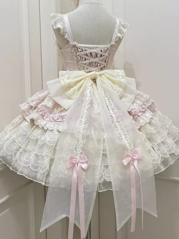 Robe Hime Lolita en dentelle douce à volants et n艙ud dans le dos courte