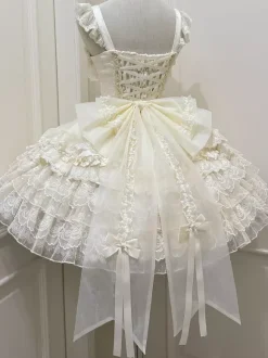 Robe Hime Lolita en dentelle douce à volants et n艙ud dans le dos courte