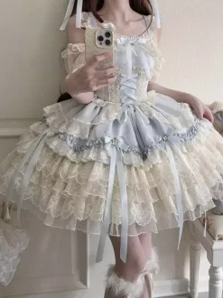 Robe Hime Lolita en dentelle douce à volants et n艙ud dans le dos courte