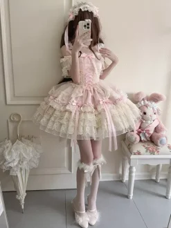 Robe Hime Lolita en dentelle douce à volants et n艙ud dans le dos courte