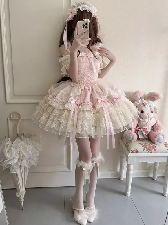 Robe Hime Lolita en dentelle douce à volants et n艙ud dans le dos courte