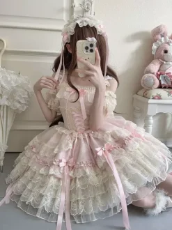 Robe Hime Lolita en dentelle douce à volants et n艙ud dans le dos courte