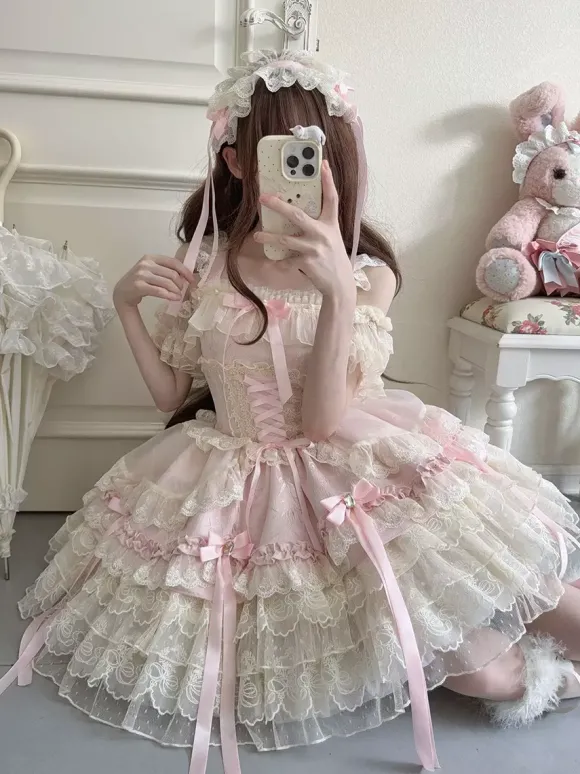 Robe Hime Lolita en dentelle douce à volants et n艙ud dans le dos courte