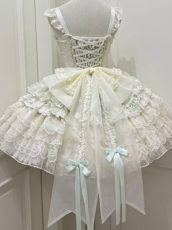 Robe Hime Lolita en dentelle douce à volants et n艙ud dans le dos courte
