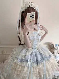 Robe Hime Lolita en dentelle douce à volants et n艙ud dans le dos courte