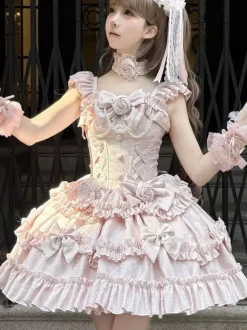Robe Hime Lolita rose doux sans manches à volants jupe pull décontractée tenue quotidienne polyester mode kawaii