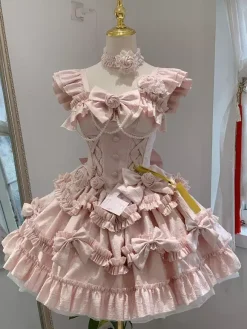 Robe Hime Lolita rose doux sans manches à volants jupe pull décontractée tenue quotidienne polyester mode kawaii