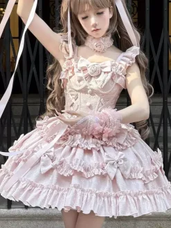 Robe Hime Lolita rose doux sans manches à volants jupe pull décontractée tenue quotidienne polyester mode kawaii