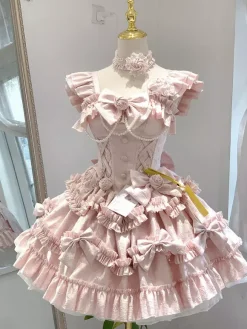 Robe Hime Lolita rose doux sans manches à volants jupe pull décontractée tenue quotidienne polyester mode kawaii