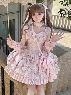 Robe Hime Lolita rose doux sans manches à volants jupe pull décontractée tenue quotidienne polyester mode kawaii