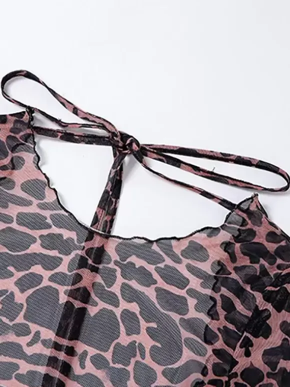 Robe imprimée léopard dos nu manches longues translucide tenue de boîte de nuit chaude