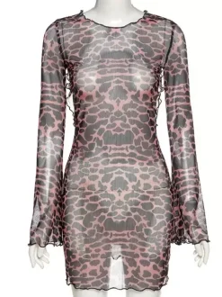 Robe imprimée léopard dos nu manches longues translucide tenue de boîte de nuit chaude