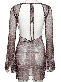 Robe imprimée léopard dos nu manches longues translucide tenue de boîte de nuit chaude