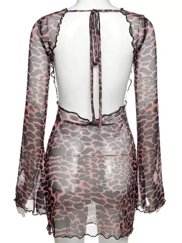 Robe imprimée léopard dos nu manches longues translucide tenue de boîte de nuit chaude