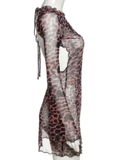 Robe imprimée léopard dos nu manches longues translucide tenue de boîte de nuit chaude
