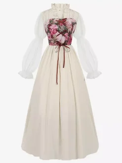 Robe à imprimé floral rétro abricot clair pour costume vintage de soirée