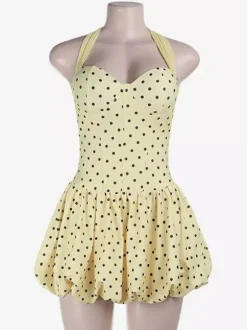 Robe jaune chic mini à lacets sans manches et dos nu idéale pour une soirée en amoureux