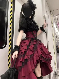 Robe-jupe Gothic Lolita corset à taille haute jupe Lolita à volants rouges