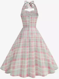 Robe élégante cintrée à carreaux bleus avec jupe trapèze parfaite pour les fêtes d'été
