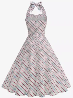 Robe élégante cintrée à carreaux bleus avec jupe trapèze parfaite pour les fêtes d'été