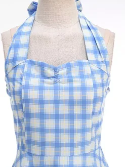 Robe élégante cintrée à carreaux bleus avec jupe trapèze parfaite pour les fêtes d'été